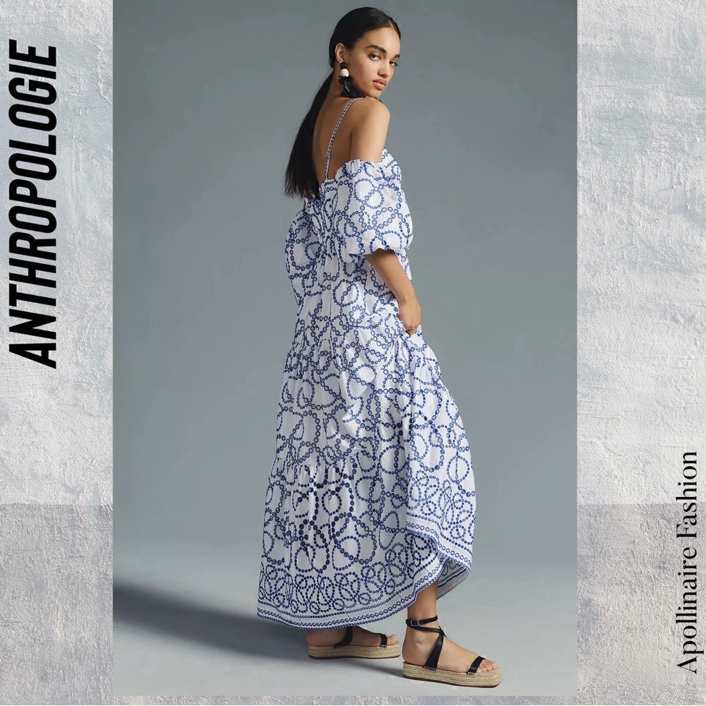 ANTHROPOLOGIE PUFF SLEEVES EYELET MAXI DRESS IN BLUE WHITE NWOT - Picture 5 of 10